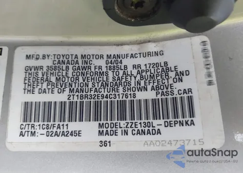 2004 Toyota Corolla Le z USA, uszkodzony, nr VIN 2T1BR32E94C317618